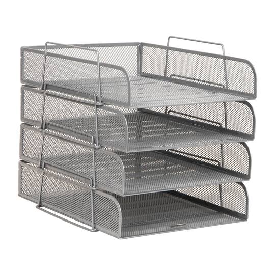 Mind Reader Stackable Paper Tray, Desktop Organizer, File Storage, Office, Metal Mesh, 4 Pcs., SIlver